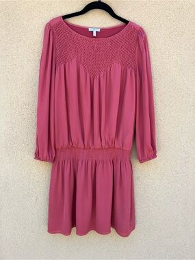 Joie Silk Red Brick/Brown Smocked Yoke Long Sleeve Dress
